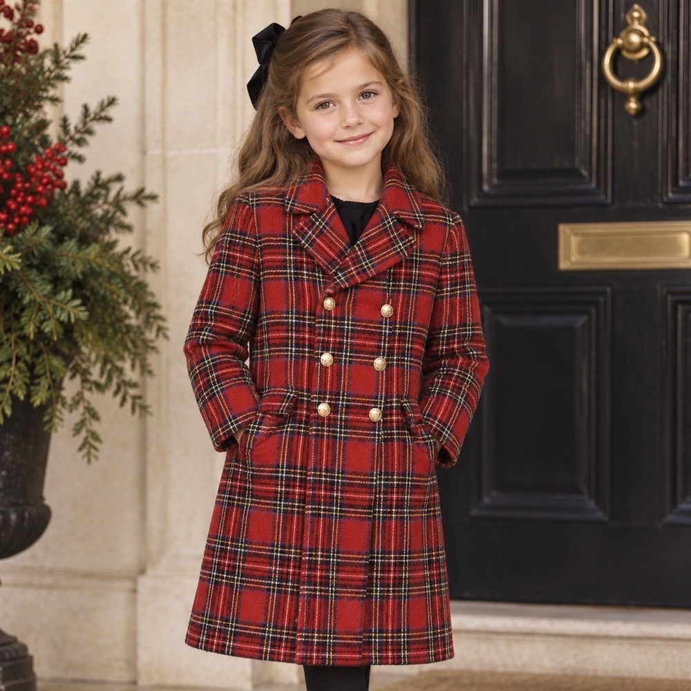 Vintage Lord and Taylor Girls Royal English Tartan Plaid Coat Gold Button Red